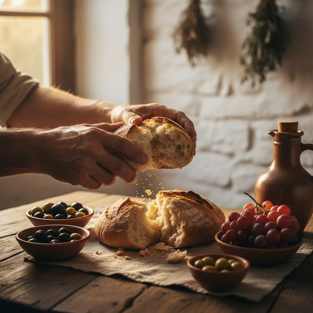 A rustic table set with bread, olives, figs and wine