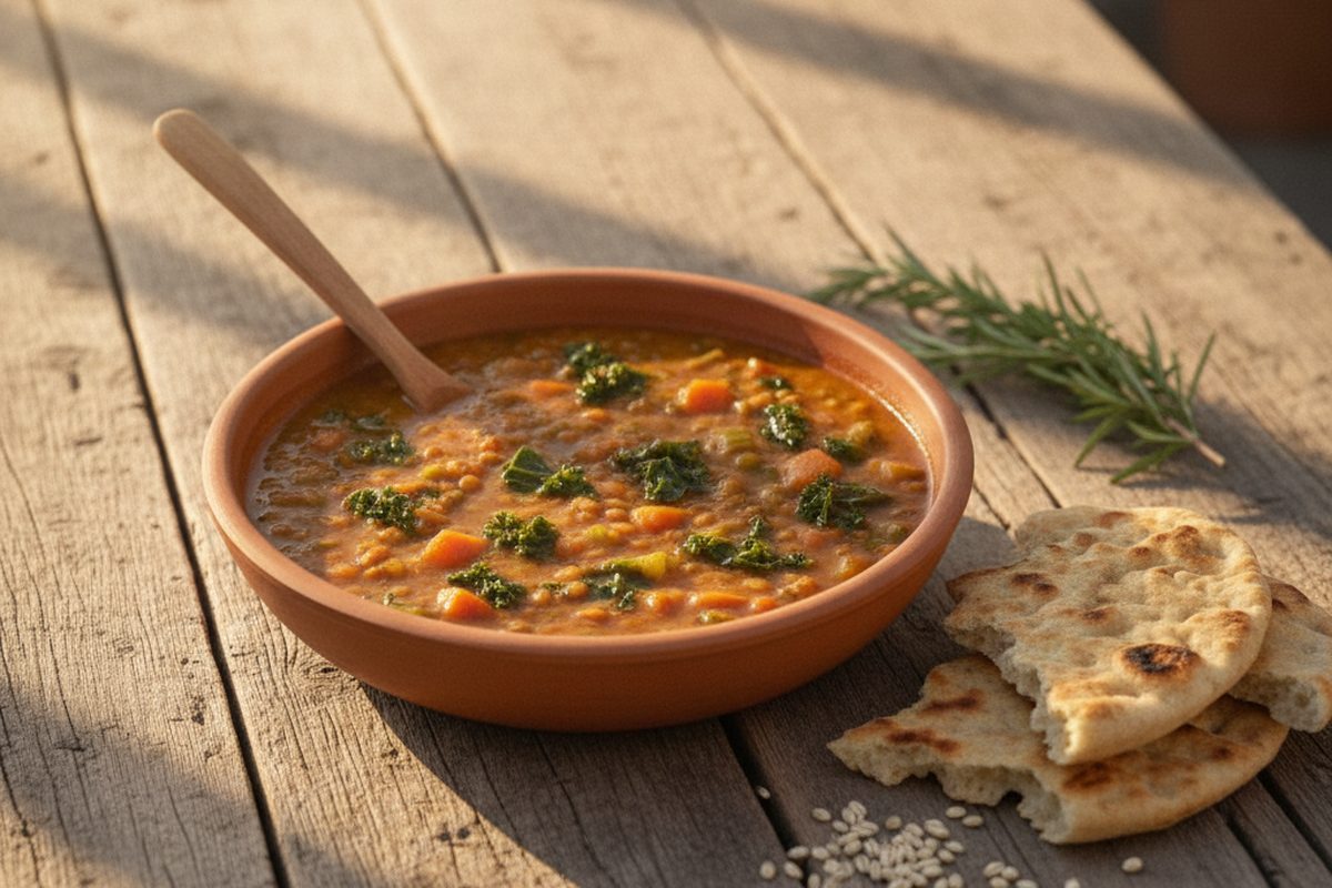 A terracotta bowl of Daniel Fast lentil and vegetable soup with kale and carrot, torn unleavened flatbread and rosemary beside it on a wooden table
