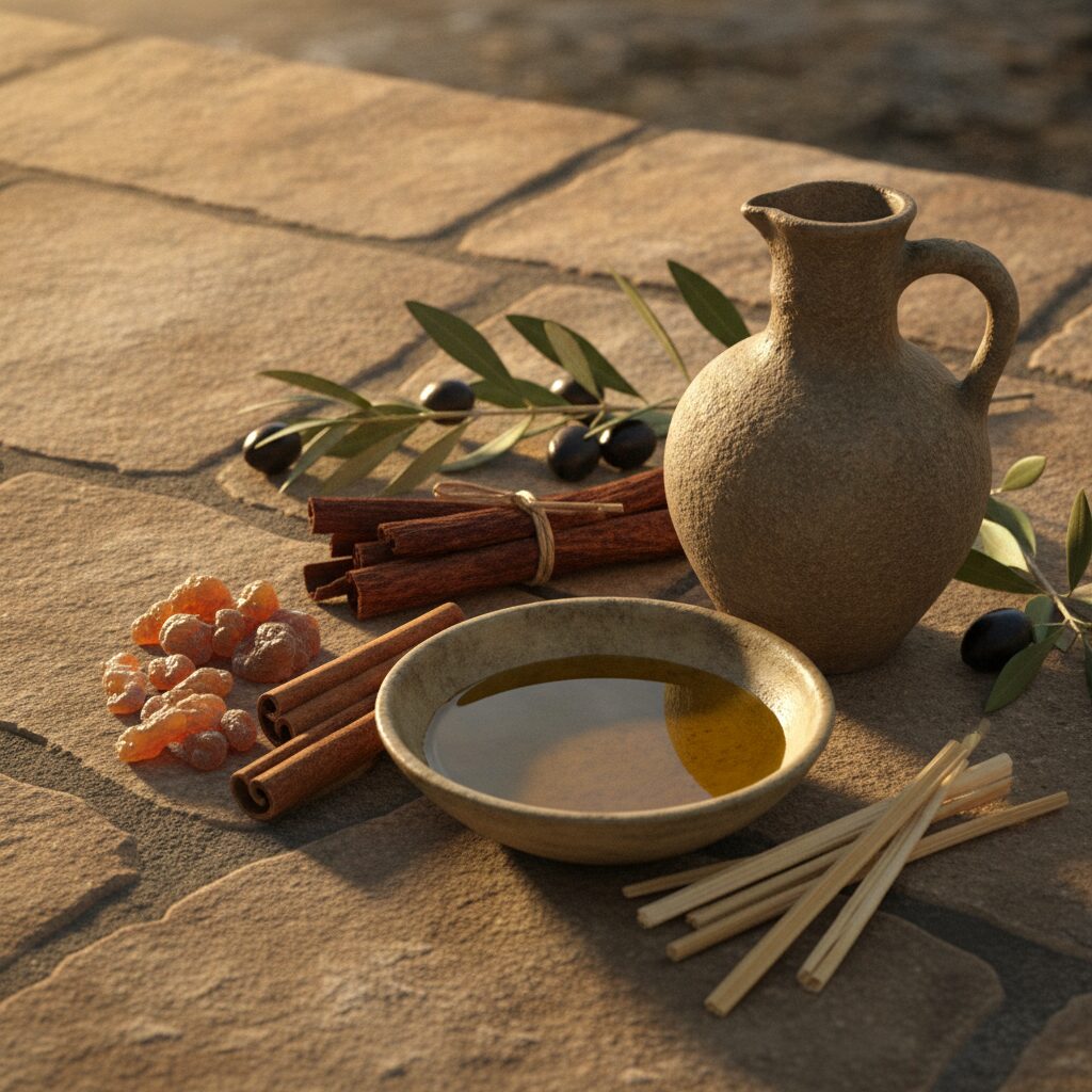 An earthenware jug and bowl of golden oil with myrrh, cinnamon and cassia bark and fragrant calamus reeds