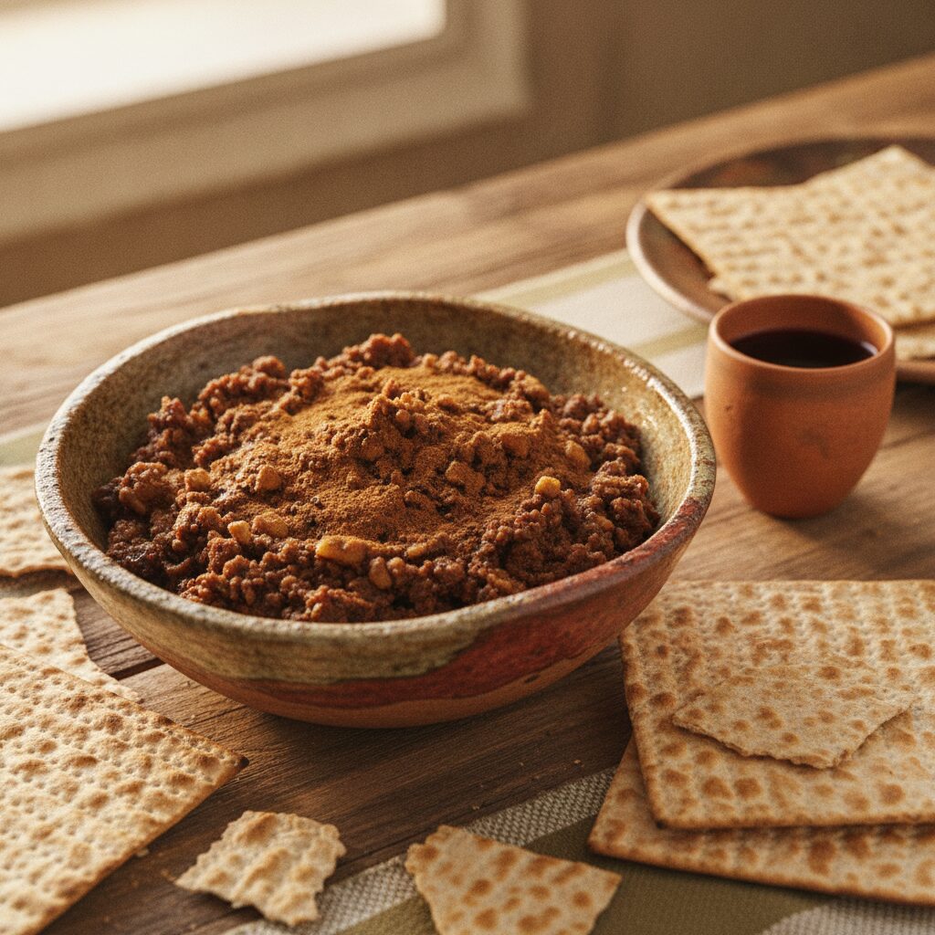 A rustic bowl of charoset, a chunky paste of chopped apples, walnuts and dates dusted with cinnamon, with matzo alongside