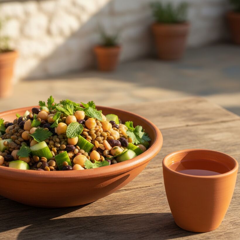 A fresh salad of lentils, chickpeas and leafy greens served with water