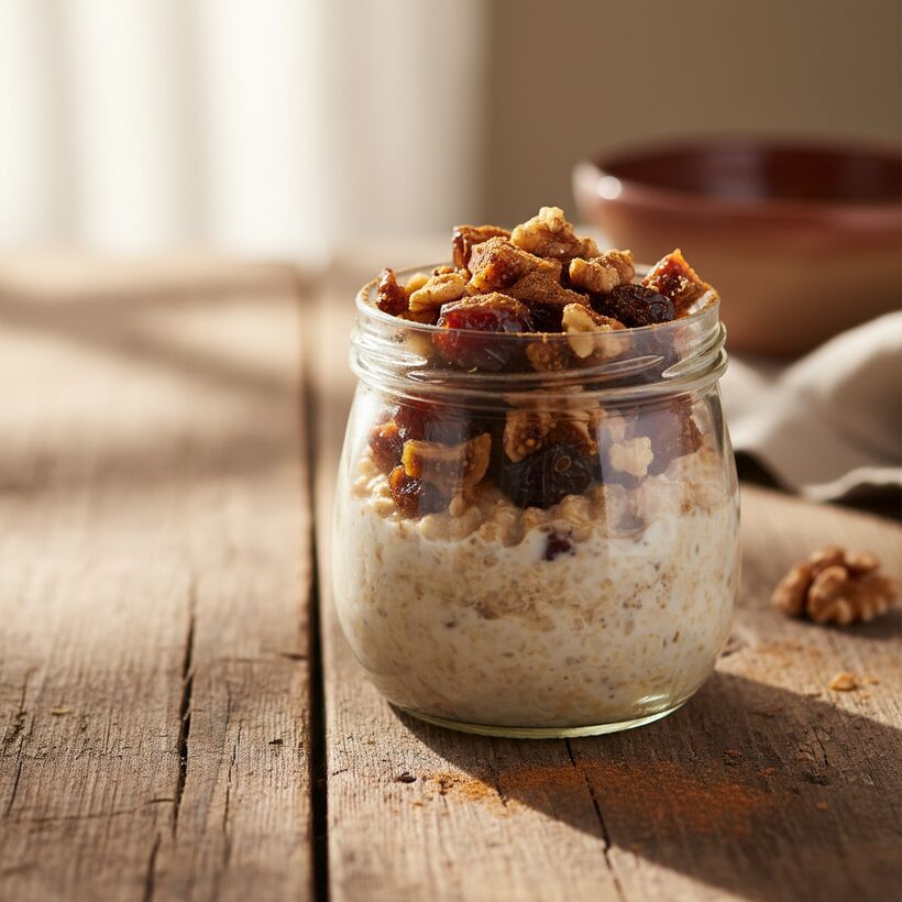 A jar of Daniel Fast overnight oats topped with dates, figs and walnuts