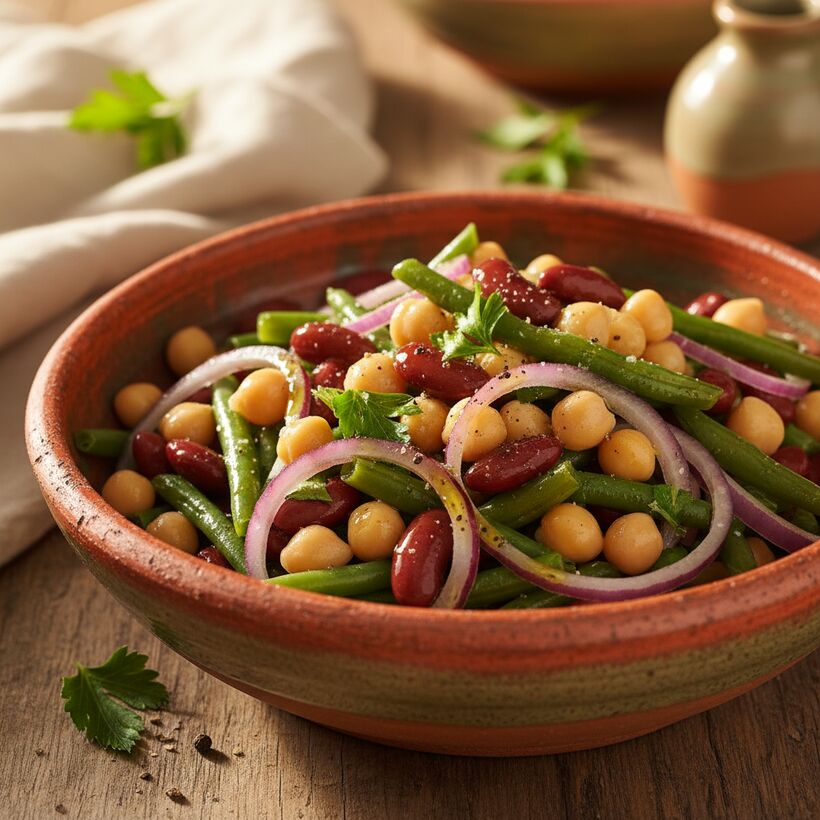 A fresh Daniel Fast three-bean salad with red onion and parsley