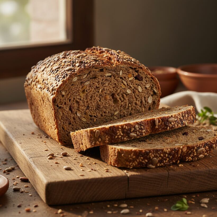 A dense, golden loaf of seven-grain bread sliced to show its hearty crumb