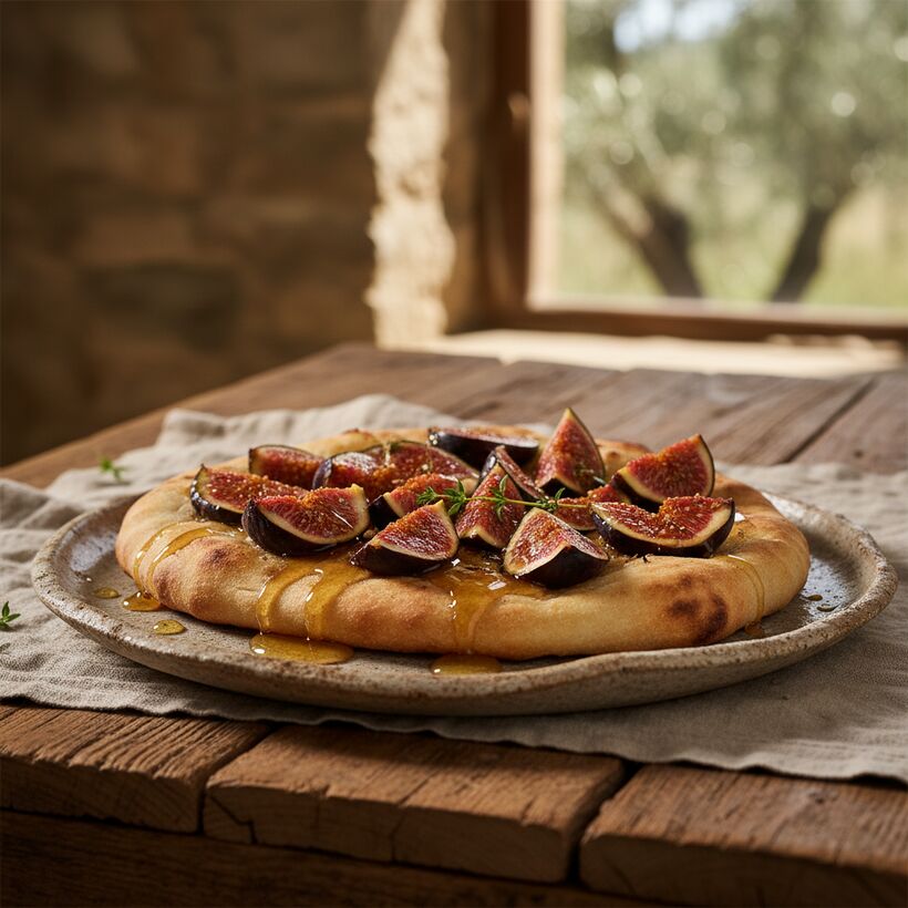 Warm flatbread topped with sliced figs and a glossy drizzle of honey
