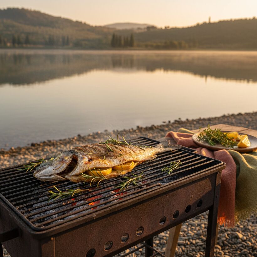 Whole fish grilled over open coals beside the shore of a calm lake