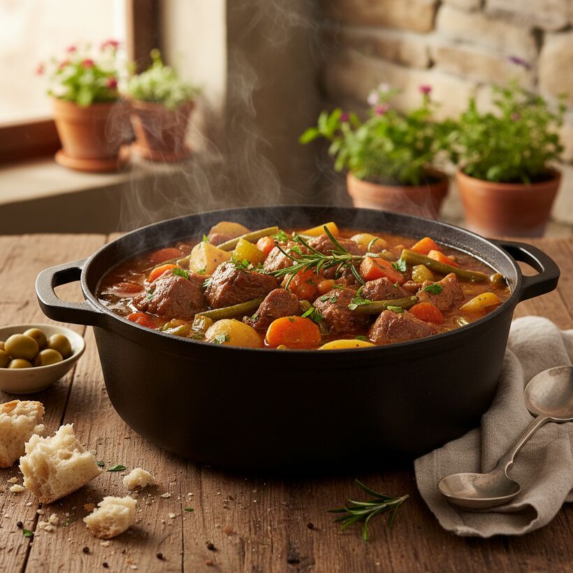 A rich, slow-cooked lamb stew with onions and herbs simmering in a clay pot