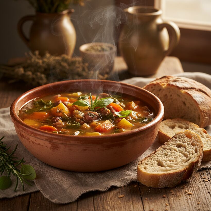 A hearty meatless vegetable soup in a rustic bowl with bread