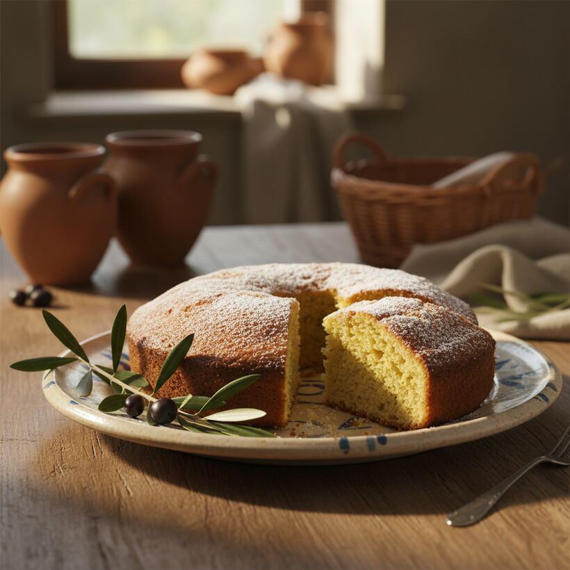 A moist, golden olive oil cake dusted with sugar on a simple ceramic plate
