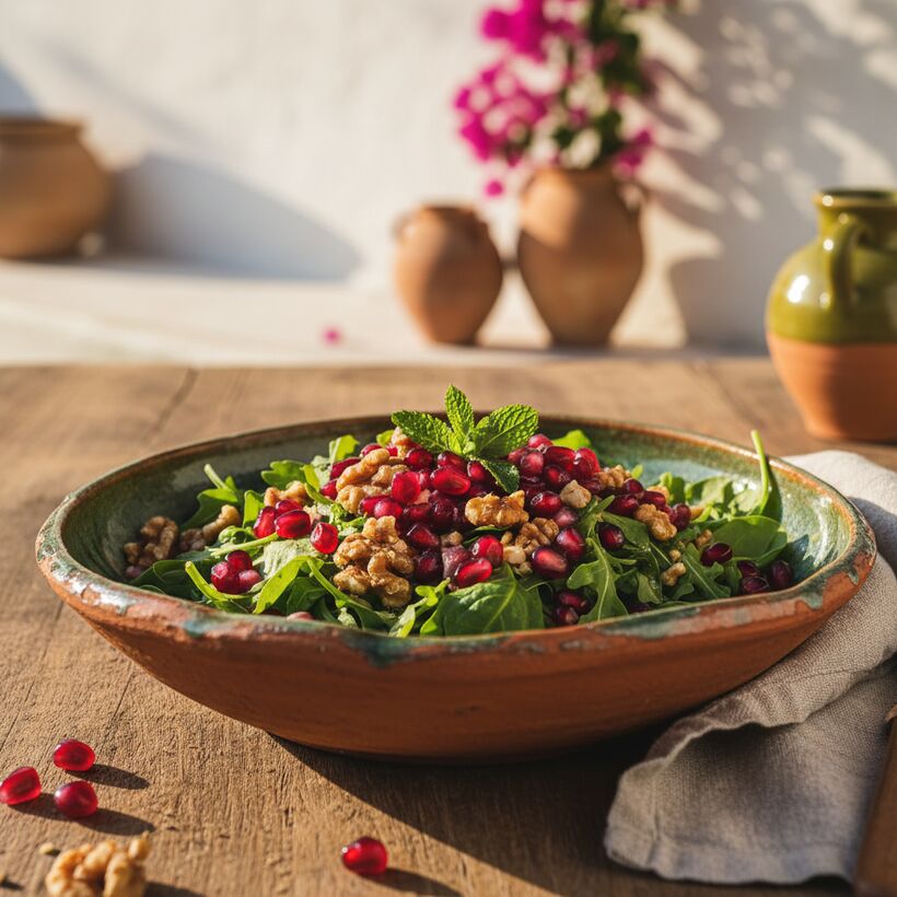 A bright salad scattered with ruby pomegranate seeds, fresh greens and crumbled cheese