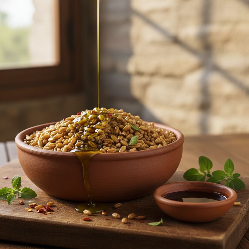 A bowl of toasted roasted grain dressed with olive oil and a sprinkle of salt
