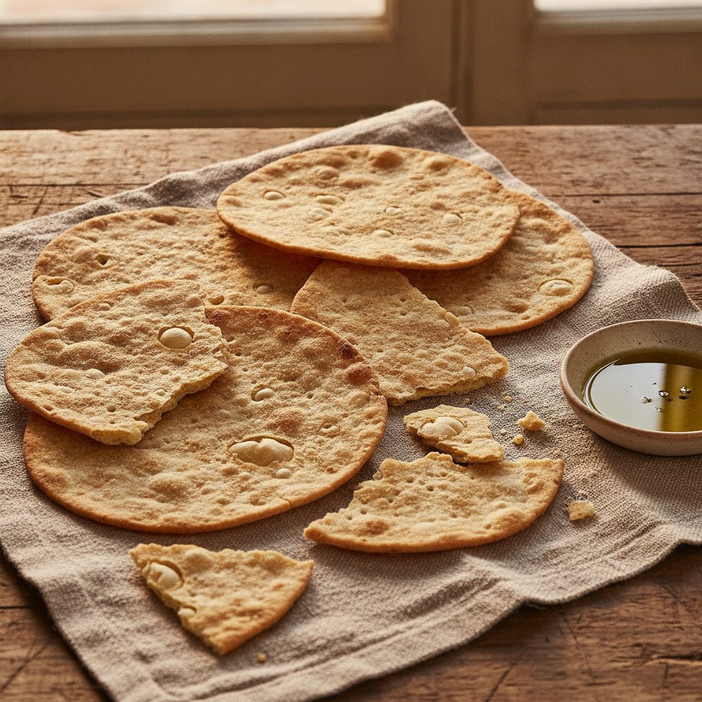 Rounds and shards of thin unleavened flatbread stacked on a linen cloth with a dish of olive oil