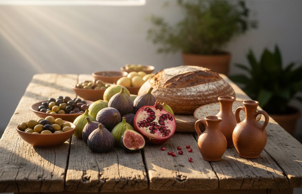 A rustic wooden table spread with warm bread, olives, figs, grapes and an earthenware bowl of stew in golden light