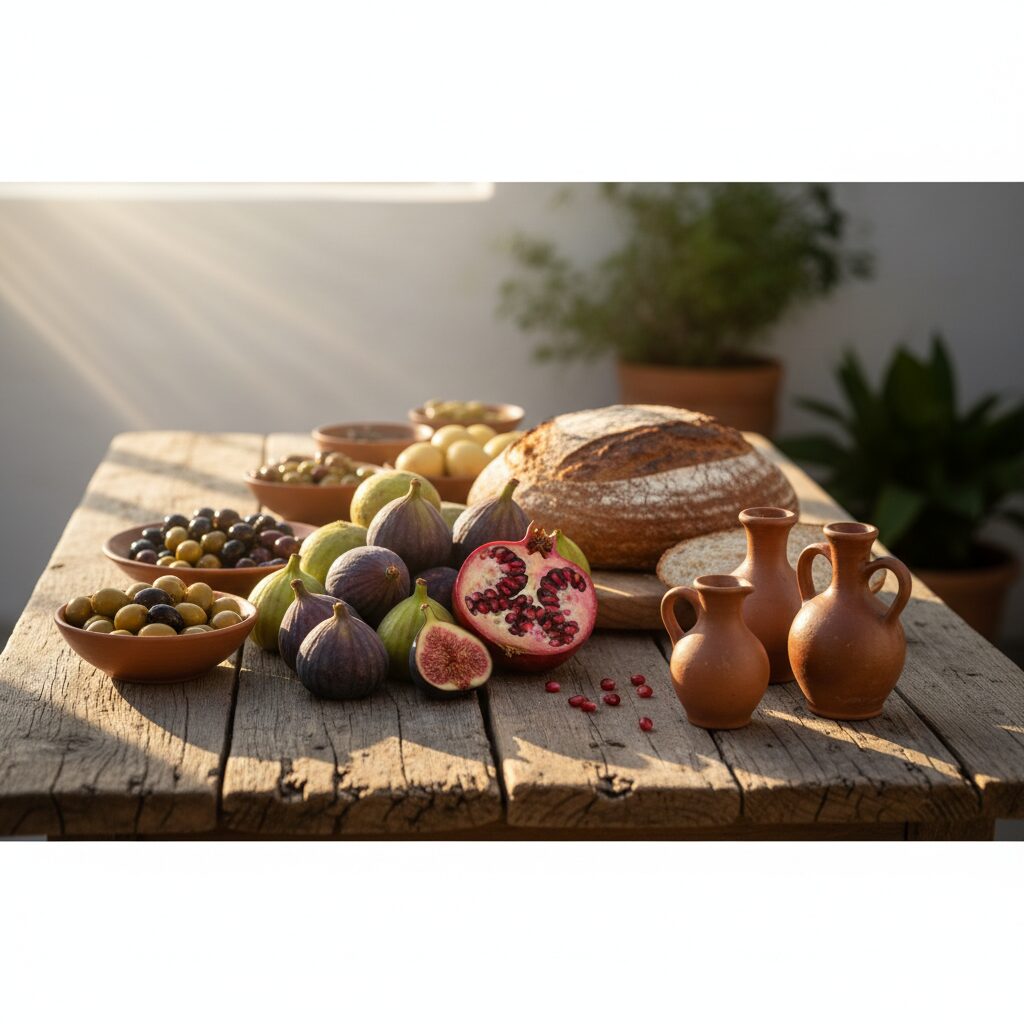 A rustic wooden table spread with warm bread, olives, figs, grapes and an earthenware bowl of stew in golden light
