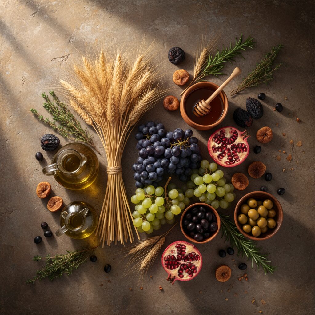 A rustic wooden table spread with ancient breads, olives, figs, and a steaming bowl of stew