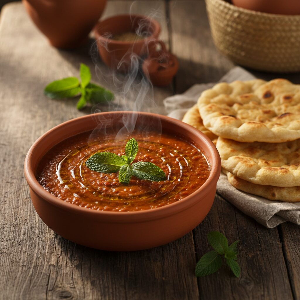 A steaming earthenware bowl of red lentil stew topped with fresh mint and a drizzle of olive oil