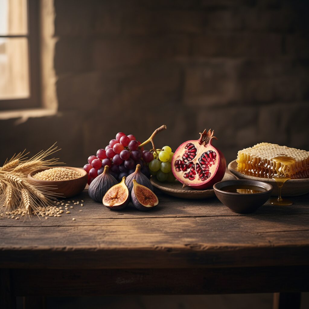 The seven species of the Bible arranged together: wheat, barley, grapes, figs, pomegranates, olives and dates